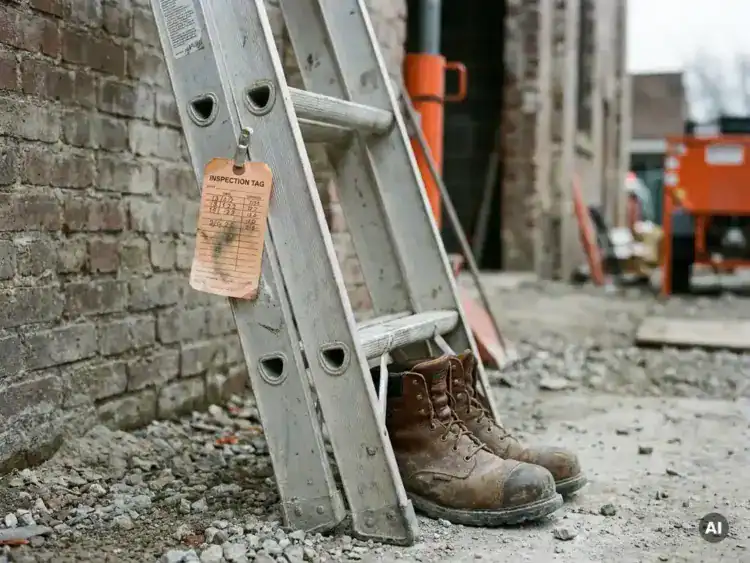 Aluminium verlengladder tegen verweerde bakstenen muur op bouwplaats, met inspectietag aan de zijrail en stalen neuzen zichtbaar onderaan.