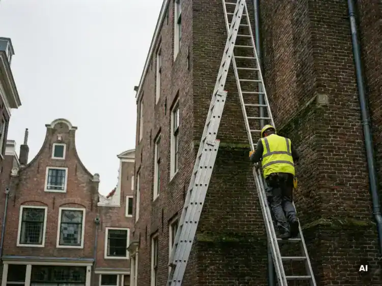 Bouwvakker in veiligheidsvest beklimt aluminium ladder tegen verweerde bakstenen gevel in Nederlandse woonwijk.
