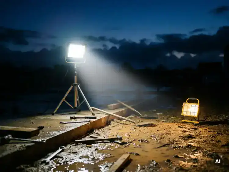 LED-bouwlamp op modderige bouwplaats bij schemering naast een halogeenlamp, met koud wit licht over nat beton en gereedschap.