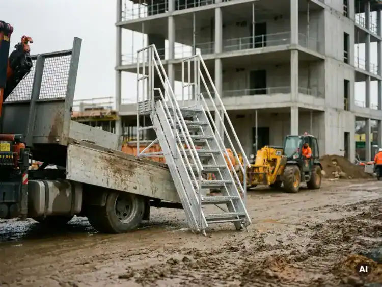 Flatbed vrachtwagen lost aluminium bouwladder op modderig bouwterrein, gele telehandler en betonstructuur op achtergrond.