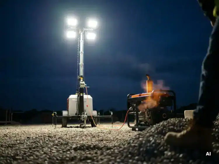 Uitgeschoven mobiele lichtmast op een bouwplaats bij schemering, verbonden via oranje kabel met een dieselgenerator, breed wit licht over grindvlak.