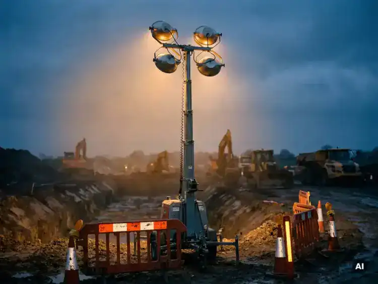 Mobiele lichtmast volledig uitgeschoven op modderige bouwplaats bij schemering, met krachtige schijnwerpers die grondwerken en zwaar materieel verlichten.