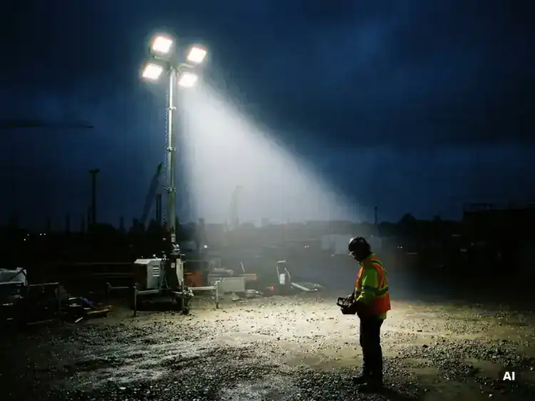 Mobiele lichtmast volledig uitgeschoven op donkere bouwplaats, arbeider in veiligheidsvest bedient draadloze afstandsbediening op verlicht nat grind.