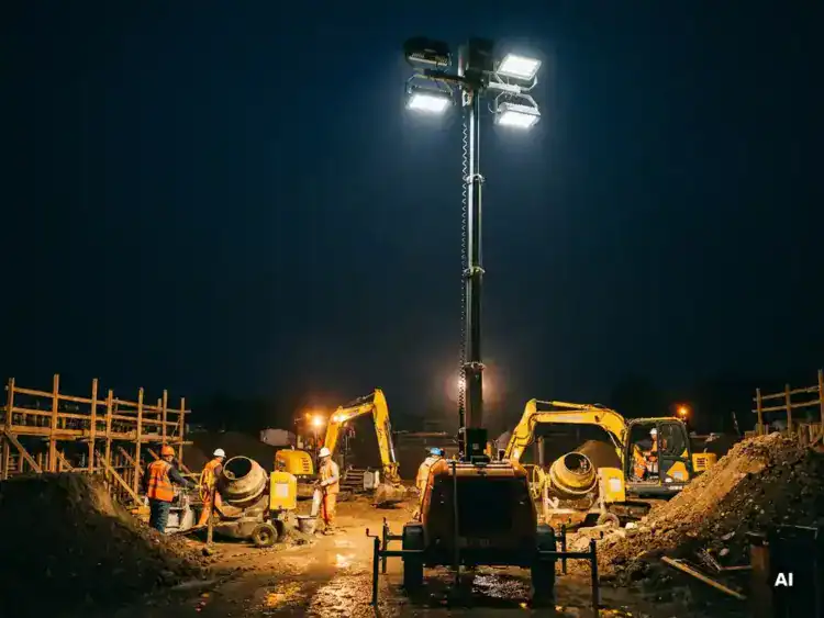 Mobiele lichtmast verlicht nachtelijke bouwplaats; arbeiders in fluohesjes bedienen machines tussen grondwerk en steigers.
