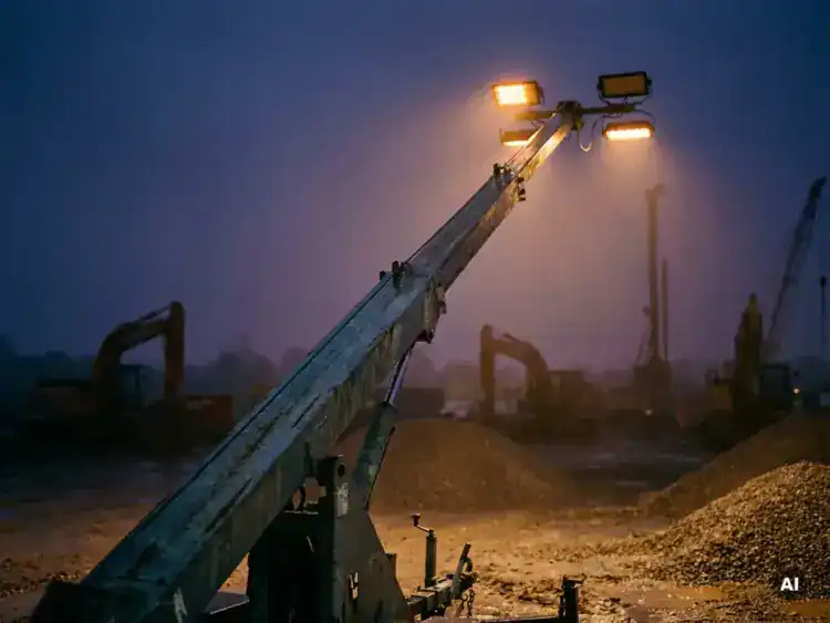 Uitgeschoven mobiele lichtmast verlicht een modderig bouwterrein in de schemering, met warme amberkleurige schijnwerpers tegen een donkerblauwe lucht.