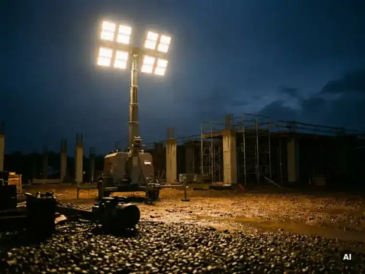 Mobiele lichtmast volledig uitgeschoven boven bouwplaats bij schemering, met felle LED-schijnwerpers op betonnen funderingen en steigers.