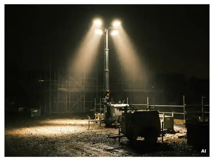 Mobiele lichtmast volledig uitgestrekt op nachtelijke bouwplaats, krachtige schijnwerpers verlichten nat grind met scherpe lichtpoelen en diepe schaduwen.