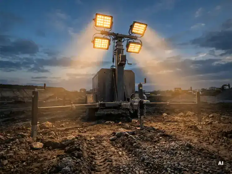 Mobiele lichtmast op modderige bouwplaats, stabilisatiepoten op ongelijke grond, amberkleurige schijnwerpers verlichten de schemering.