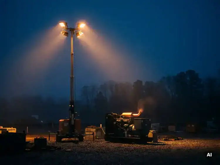 Mobiele lichtmast op donkere bouwplaats met ingebouwde dieselgenerator, warme amberkleurige schijnwerpers verlichten grindgrond en boomgrens.