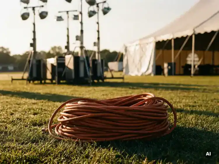 Oranje zware verlengkabel opgerold op grasveld bij buitenevenement, met verlichtingstorens en witte tent op de achtergrond.
