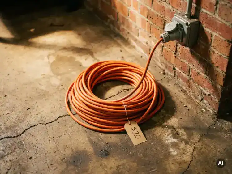 Oranje verlengkabel opgerold op betonnen vloer, aangesloten op industrieel stopcontact in bakstenen muur, met handgeschreven prijskaartje.