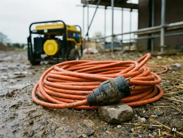 Oranje zware verlengkabel opgerold op modderige bouwplaats, met industriële stekker op de voorgrond en generator op de achtergrond.