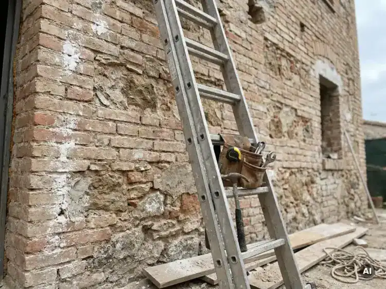 Aluminium steigerladder tegen bakstenen gevel in renovatie, met gereedschapsriem op sport en zichtbaar metselwerk.