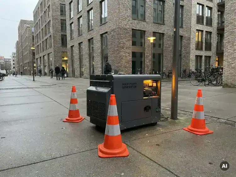 Stille dieselgenerator op stadsstoep omringd door oranje veiligheidskegels, Europese bakstenen gebouwen op de achtergrond.