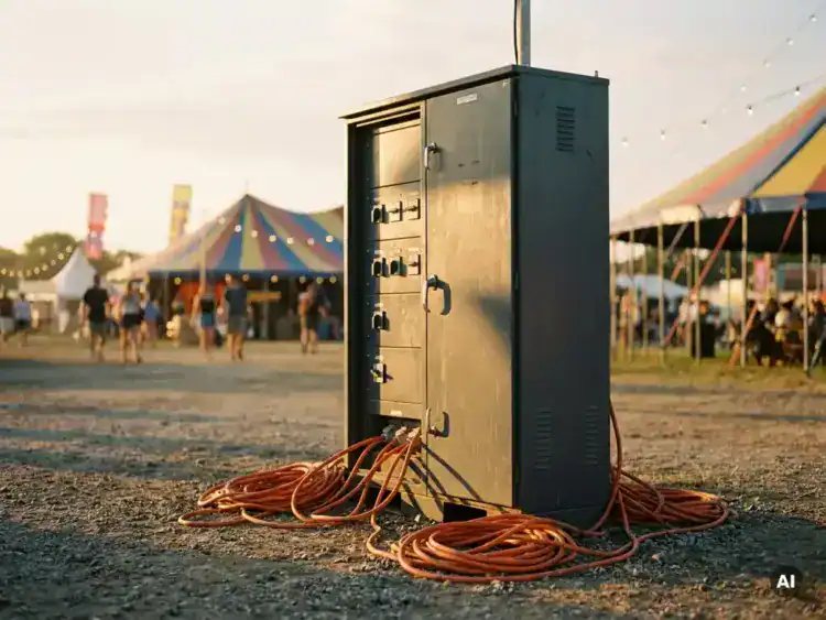 Industriële stroomverdeelkast met oranje kabels op een buitenevenement, kleurrijke festivalstands en slingerlampen op de achtergrond.