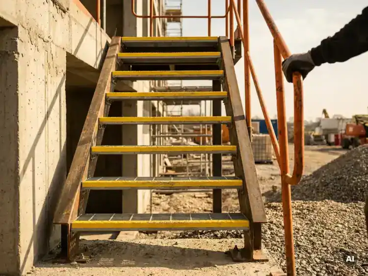 Tijdelijke bouwtrappen met gele antislipstrips bevestigd aan een betonnen ruwbouw, oranje veiligheidsreling op ooghoogte, grind en steigers op de achtergrond.