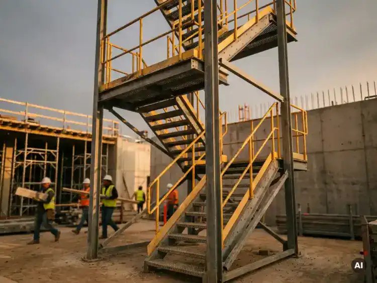 Zwaar platformtrapportoren op een actieve bouwplaats, omringd door arbeiders in hesjes, betonnen muren en stalen steigers op de achtergrond.