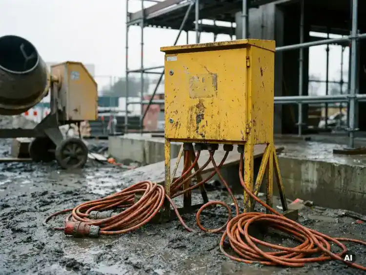 Gele stroomverdeler op modderige bouwplaats met oranje stroomkabels, betonmixer en steigers op de achtergrond.