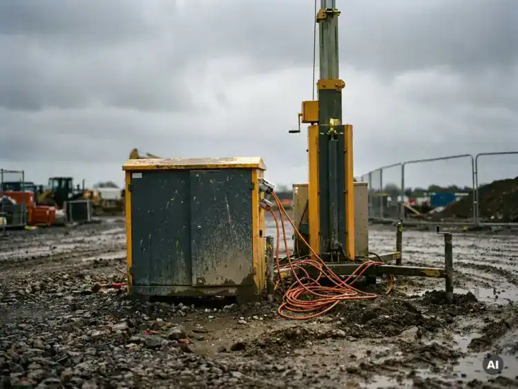 Zware verdeelkast aangesloten op een mobiele lichtmast met dikke oranje stroomkabels op een modderige bouwplaats.