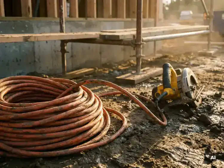 Oranje verlengsnoer opgerold op modderige bouwplaats, gedeeltelijk uitgerold naar elektrisch gereedschap, houten steiger en betonnen fundering op achtergrond.