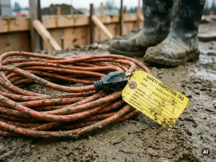 Oranje verlengsnoer opgerold op modderige bouwplaats met gele veiligheidsinspectietag aan de stekker.