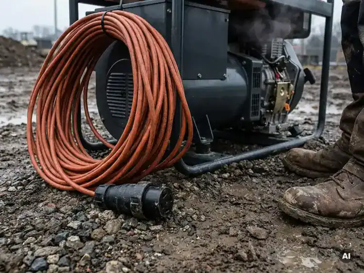 Oranje verlengsnoer naast een dieselgenerator op modderig bouwterrein, met stekker op de voorgrond en werkschoenen op de achtergrond.