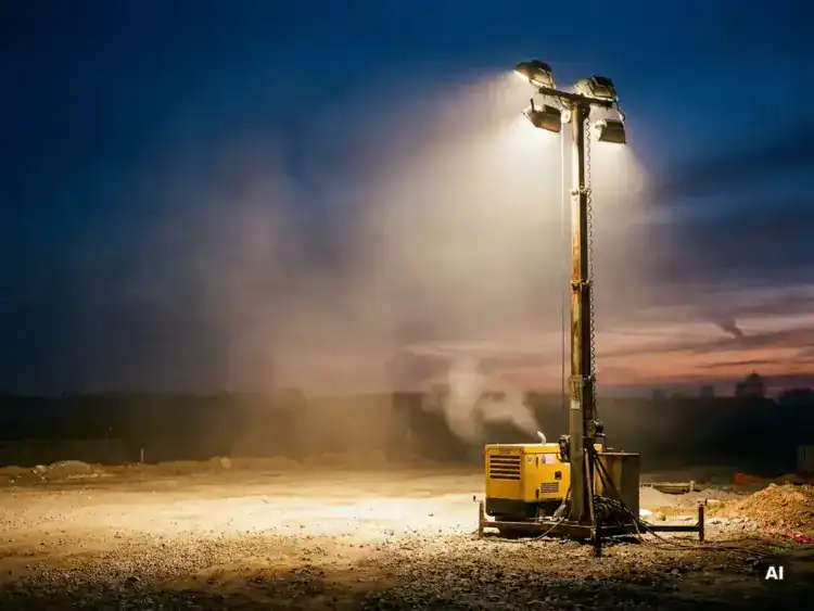 Verlichte industriële lichtmast op een bouwplaats in de schemering, met een dieselgenerator aan de basis en grind op de voorgrond.