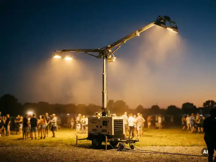 Mobiele verlichtingsmast volledig uitgeschoven boven buitenevenement bij schemering, warme gouden stralen tegen donkerblauwe lucht met amberkleurige horizon.
