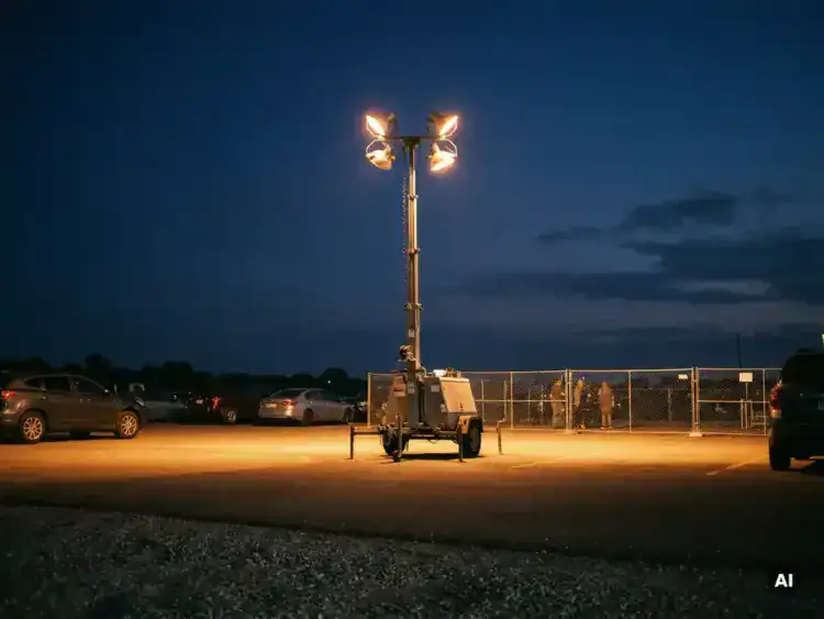 Mobiele lichtmast volledig uitgefahren boven verlichte parkeerplaats bij avond, met warme schijnwerpers en tijdelijk evenementenhek op achtergrond.