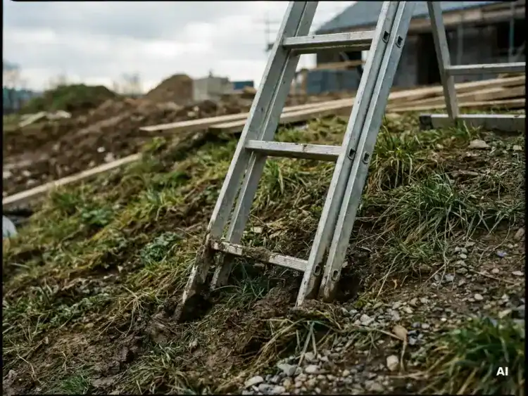Verstelbare ladder met uitgeschoven poot op ongelijk grasland bij een bouwplaats met grind en modder.